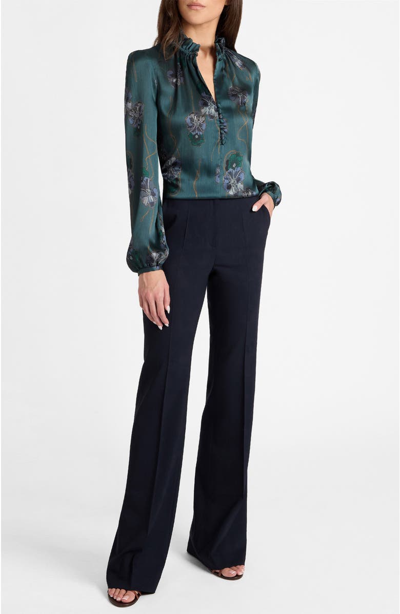 Santorelli Astrid Long Sleeve Ruffle-Neck Printed Top, Alternate, color, Steel Teal