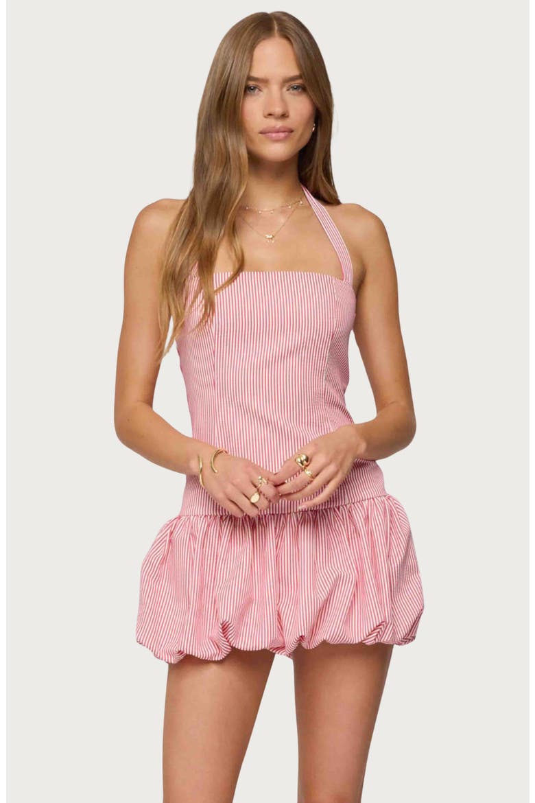 Pinstripe Bubble Hem Halter Minidress, Alternate, color, RED