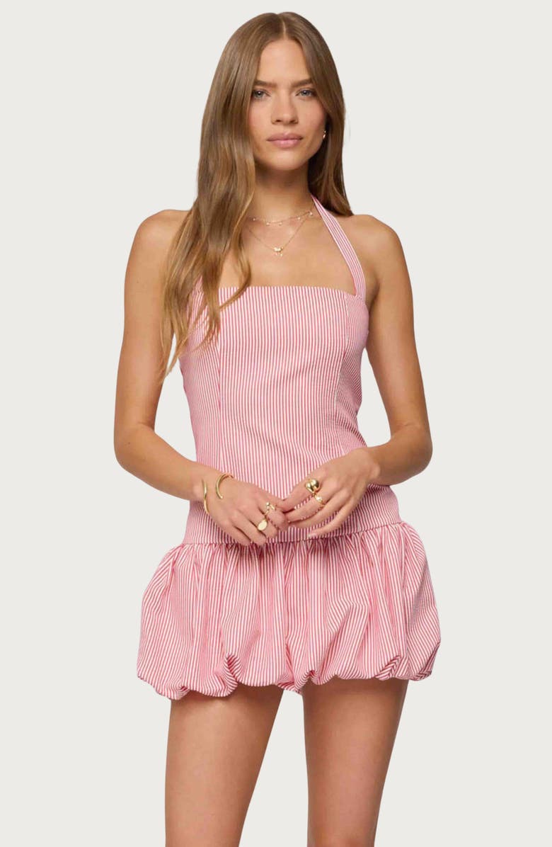 EDIKTED Pinstripe Bubble Hem Halter Minidress, Alternate, color, Red