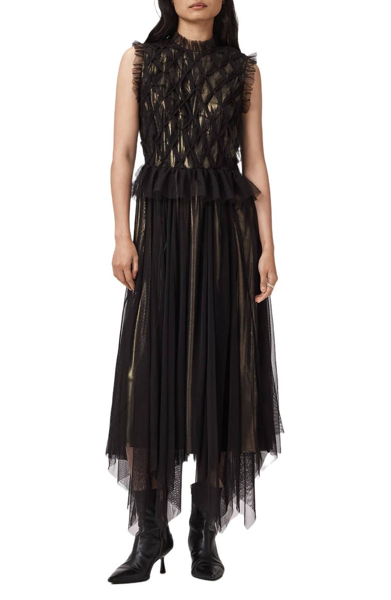 AllSaints Lola Metallic Tulle Asymmetric Midi Dress, Main, color, Black/ Metallic Gold