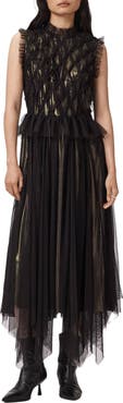 AllSaints Lola Metallic Tulle Asymmetric Midi Dress