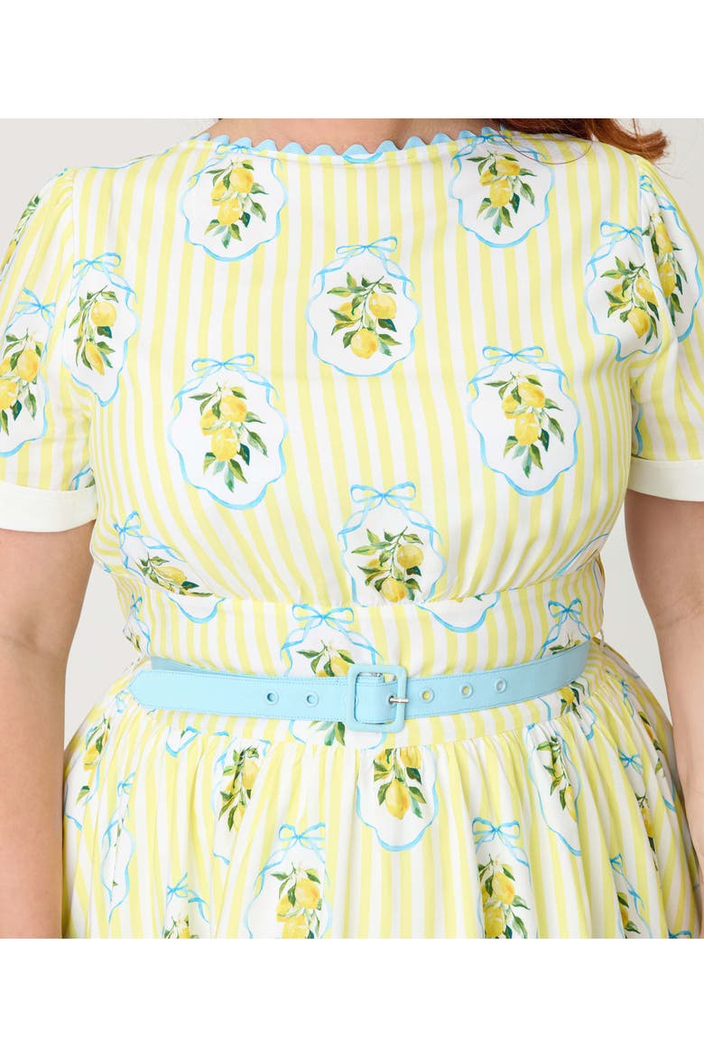 Plus Size Boatneck Ricrac Swing Dress, Alternate, color, Yellow Stripe W/ Lemon Print