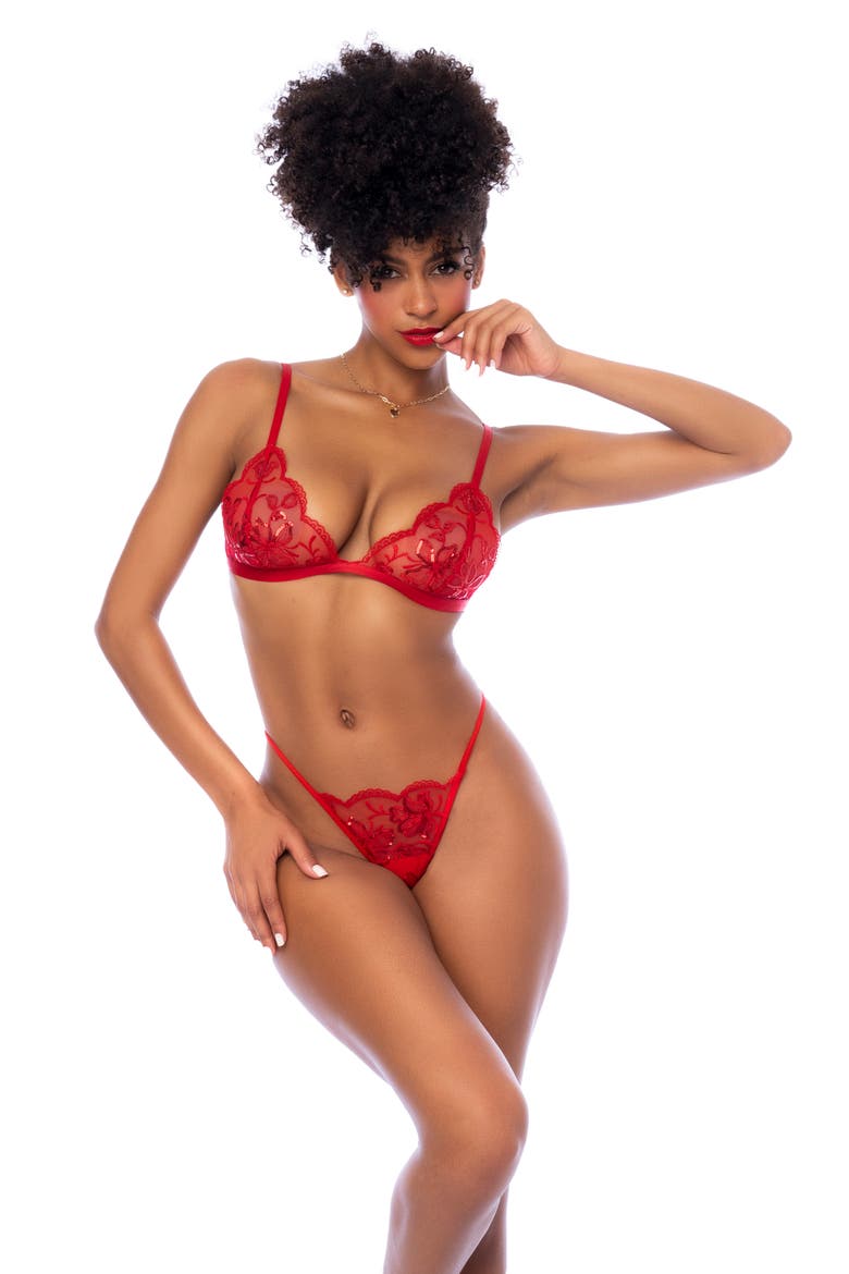 Sequin Mesh Bralette, Thong & Garter Belt Set, Alternate, color, RED