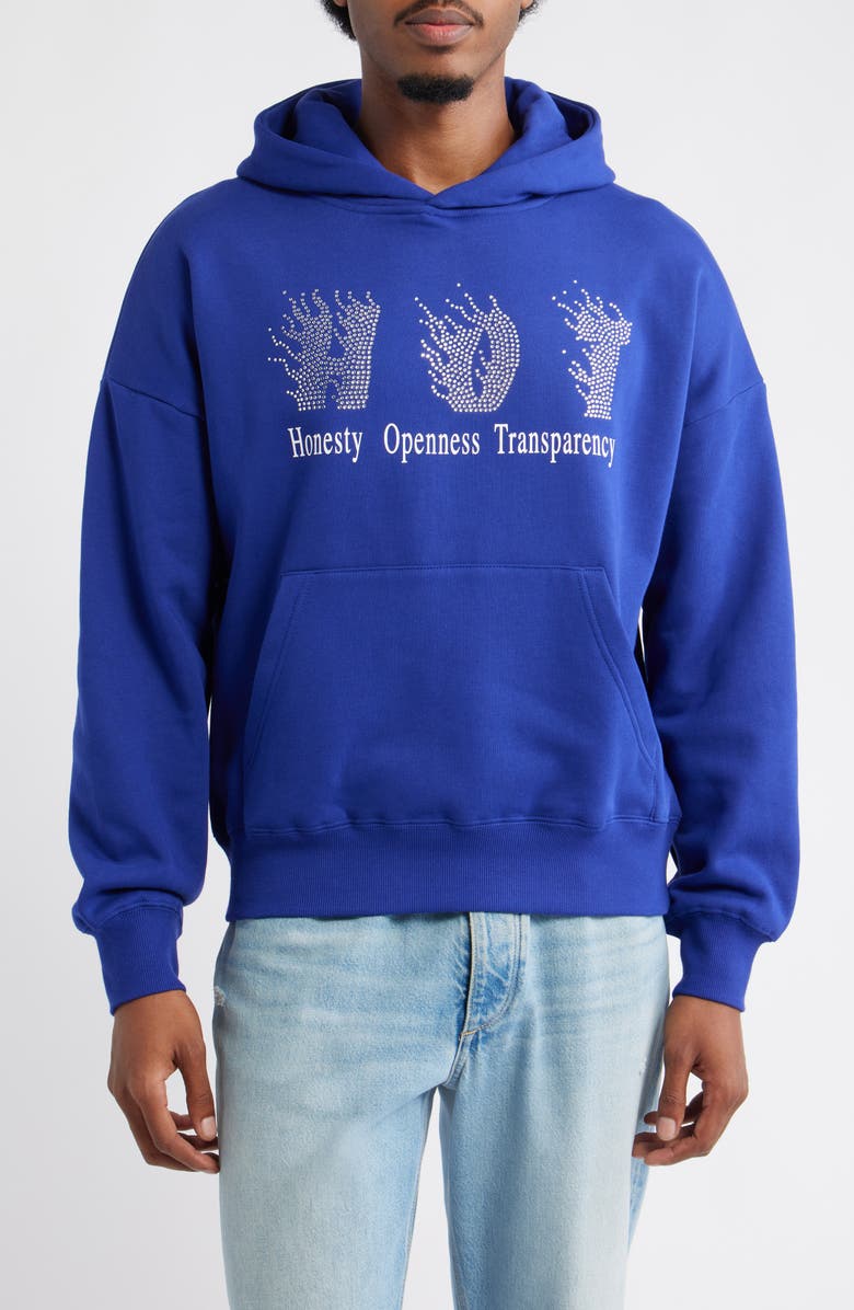 JUNGLES Honesty Rhinestone Cotton Blend Graphic Hoodie, Main, color, Blue