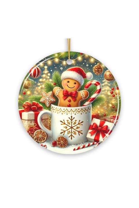 Gingerbread Man Cocoa Mug Round Ceramic Ornament