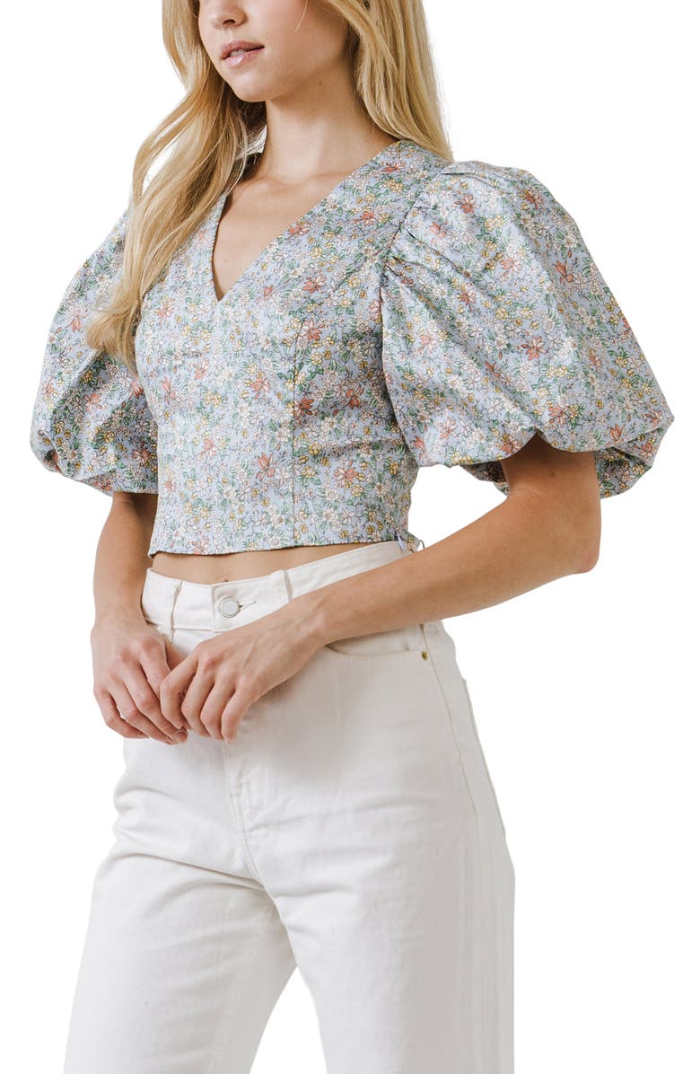Endless Rose Floral Print Puff Sleeve Crop Top, Alternate, color, Blue Multi