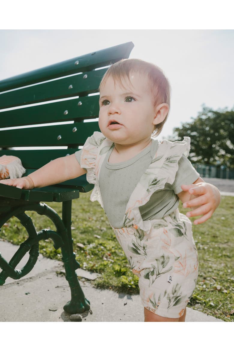 Pointelle Bodysuit and Cotton Muslin Peach Deer Printed Shortall Set, Alternate, color, Green and Peach Deer Print