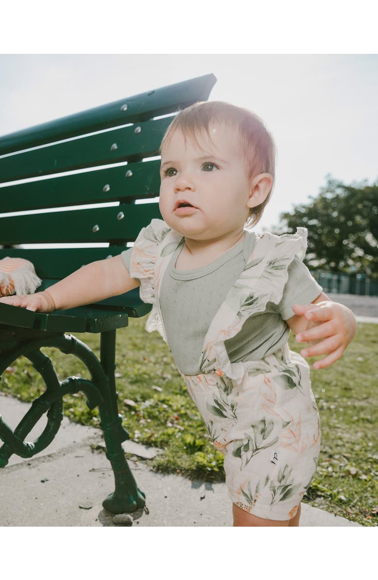 Deux par Deux Pointelle Bodysuit and Cotton Muslin Peach Deer Printed Shortall Set, Alternate, color, Green And Peach Deer Print