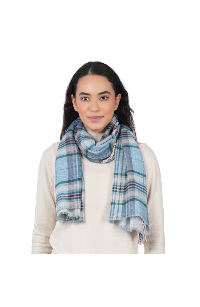 Vismaya Cabin Morning Plaid Wool Scarf, Alternate, color, Blue