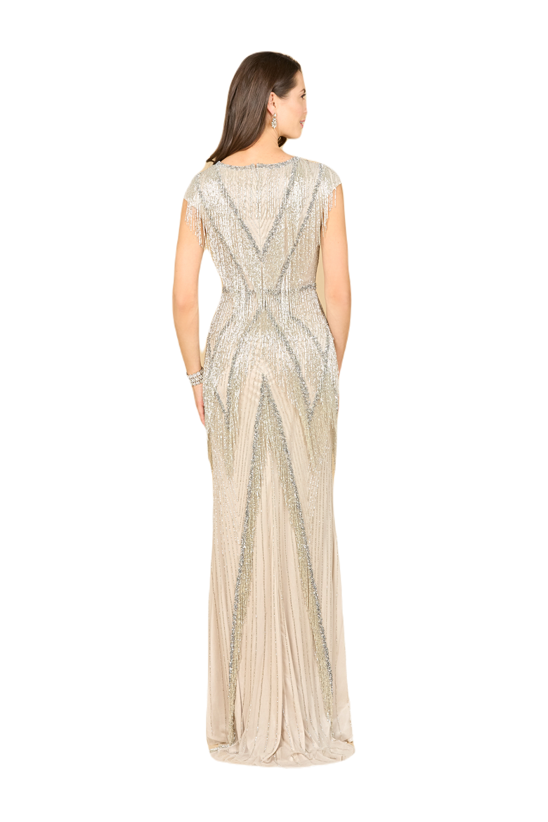 Beaded Fringe V-Neckline Dress with Cap Sleeves, Alternate, color, Silver