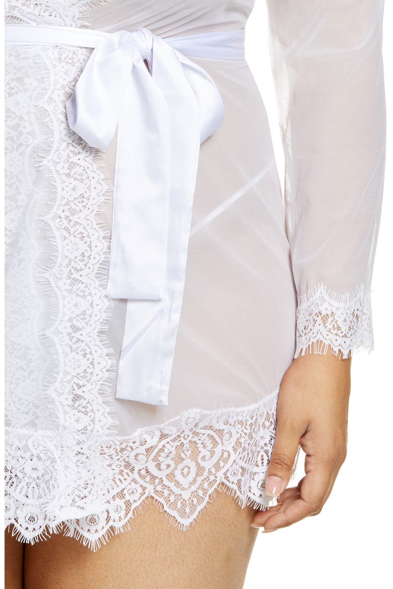 Lace Trim Mesh Robe & G-String Set, Alternate, color, WHITE