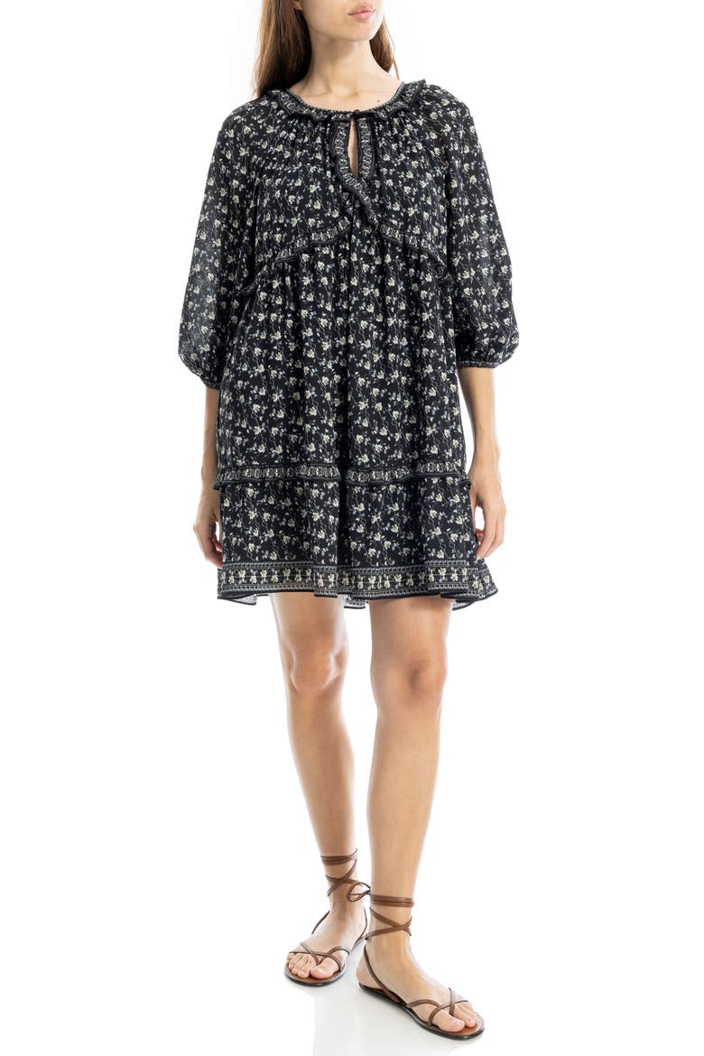 Floral Three-Quarter Sleeve Keyhole Minidress, Alternate, color, BLACK FLORAL