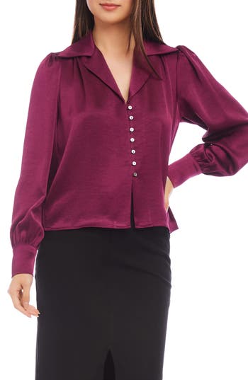 Karen Kane Shirred Satin Blouse In Wine In Burgundy