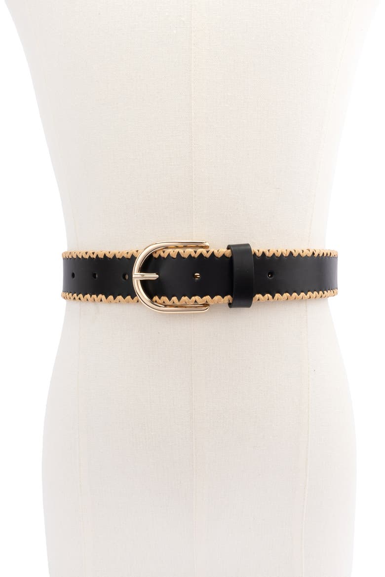 straw edge leather belt, Alternate, color, BLACK