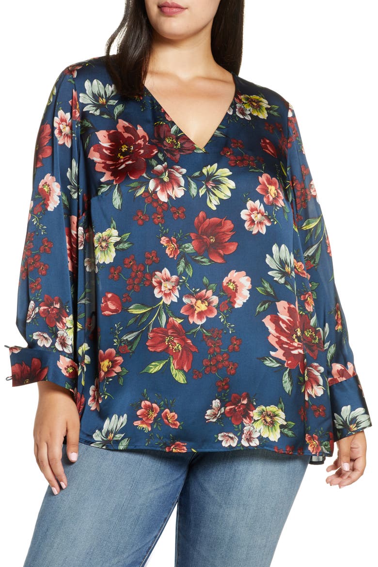 Daniel Rainn Floral Satin Blouse, Main, color, G774 TEAL