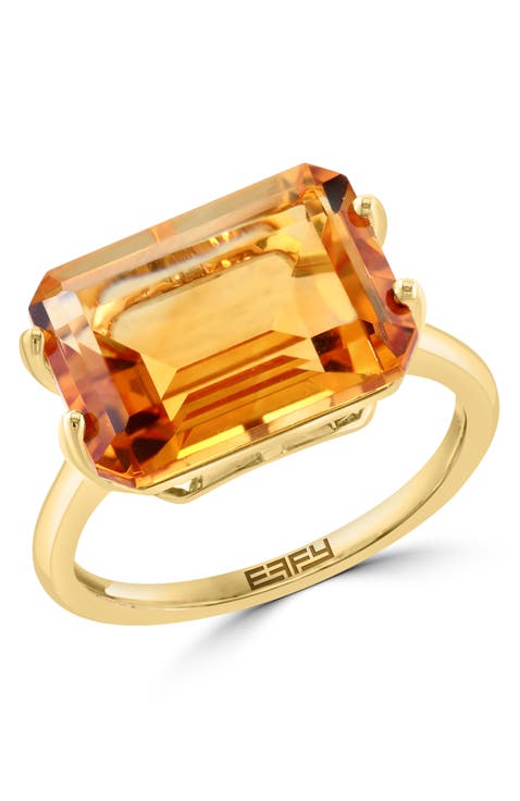 14K Yellow Gold Citrine Emerald Cut Solitaire Statement Ring