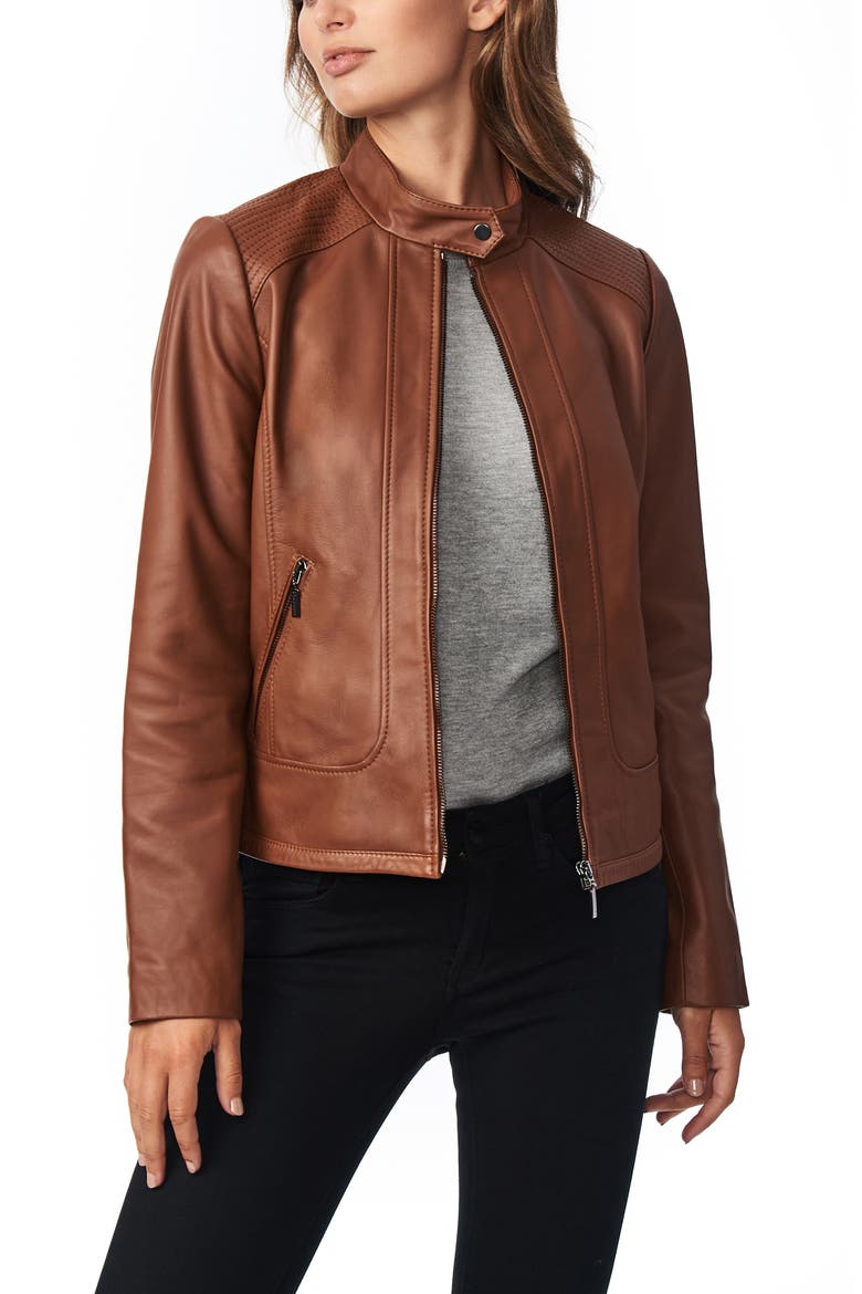 Stitch Detail Sheepskin Leather Racer Jacket, Main, color, BROWN SUGAR