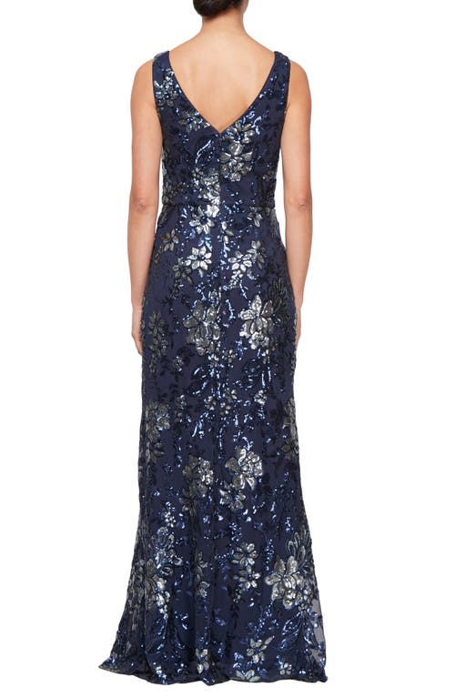 Alex Evenings Sequin Floral A-line Gown In Navy