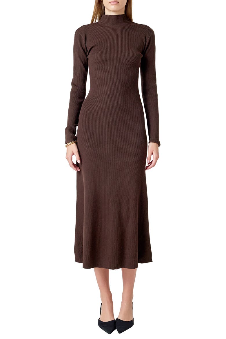 Mock Neck Long Sleeve Rib Sweater Midi Dress, Main, color, CHOCOLATE