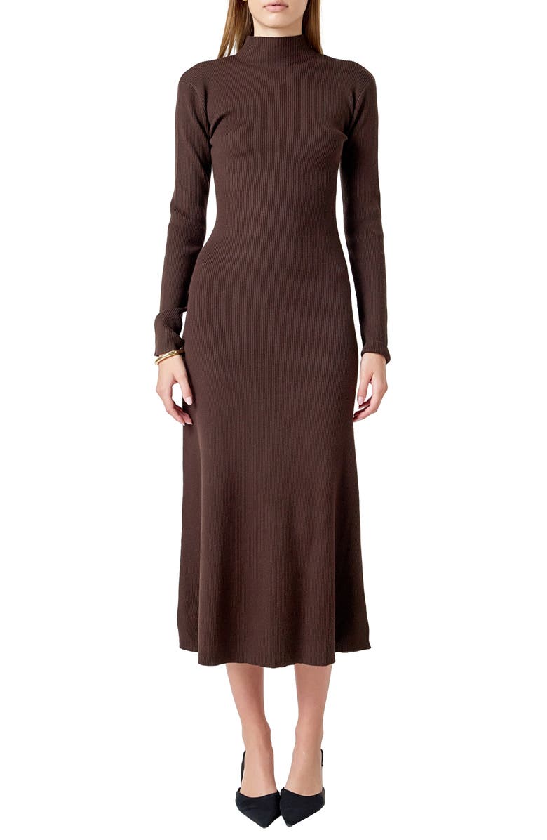 Endless Rose Mock Neck Long Sleeve Rib Sweater Midi Dress, Main, color, Chocolate