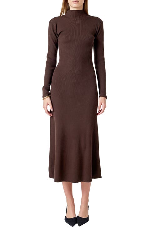 Mock Neck Long Sleeve Rib Sweater Midi Dress