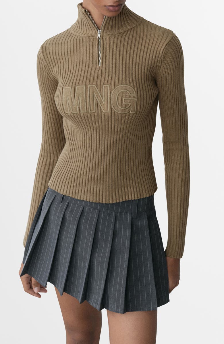 MANGO Perkins Logo Half Zip Sweater, Main, color, Khaki