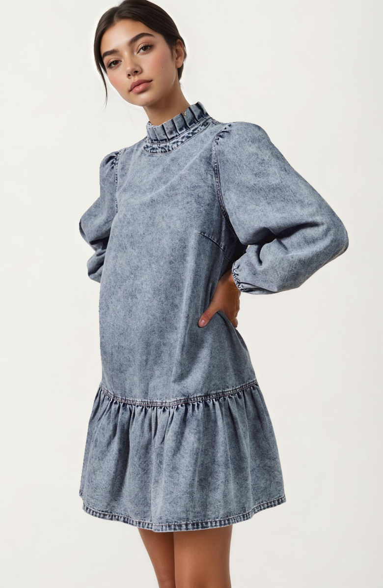 Knit and Lounge Pleated Mock Neck Long Sleeve Ruffle Hem Denim Dress, Alternate, color, Blue