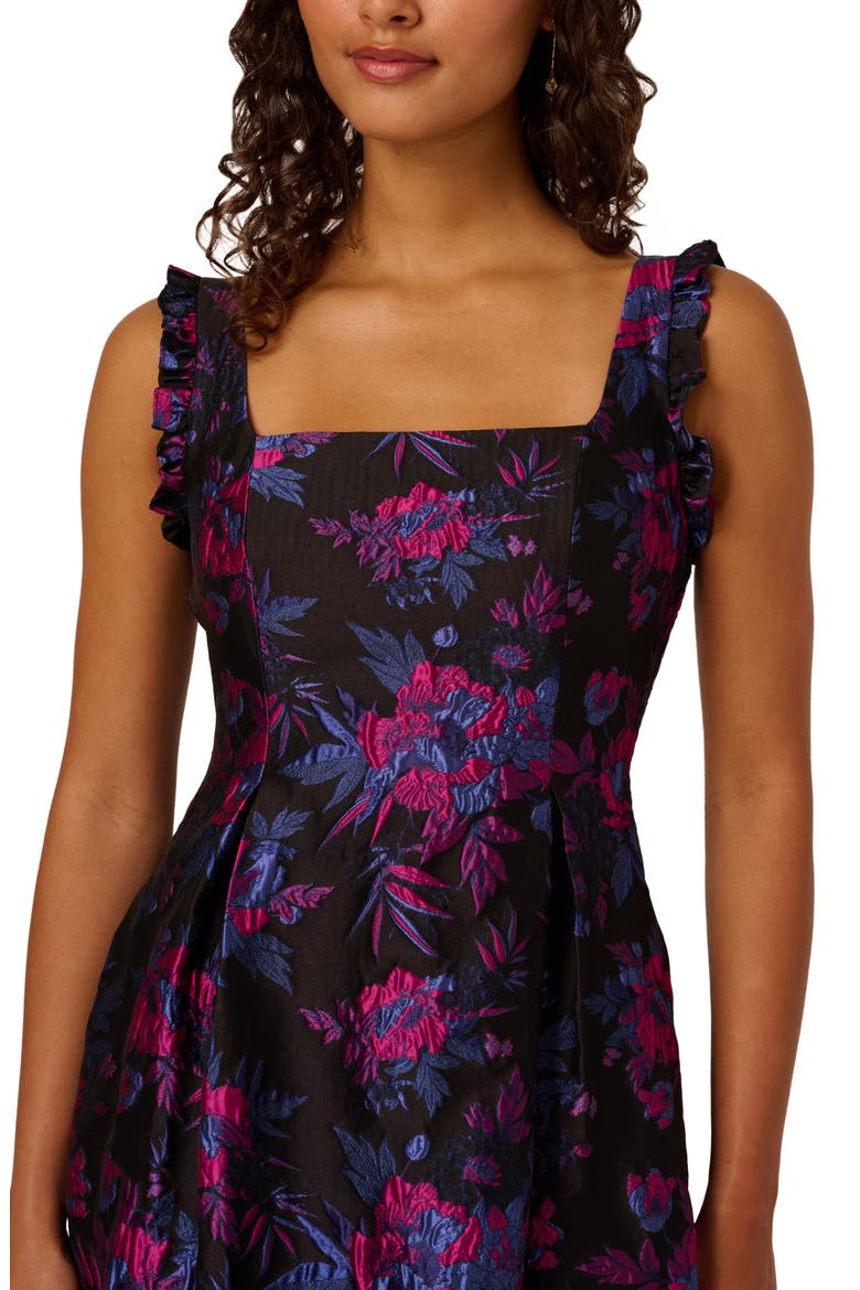 Floral Ruffle Jacquard Cocktail Dress, Alternate, color, BLACK/ PINK MULTI