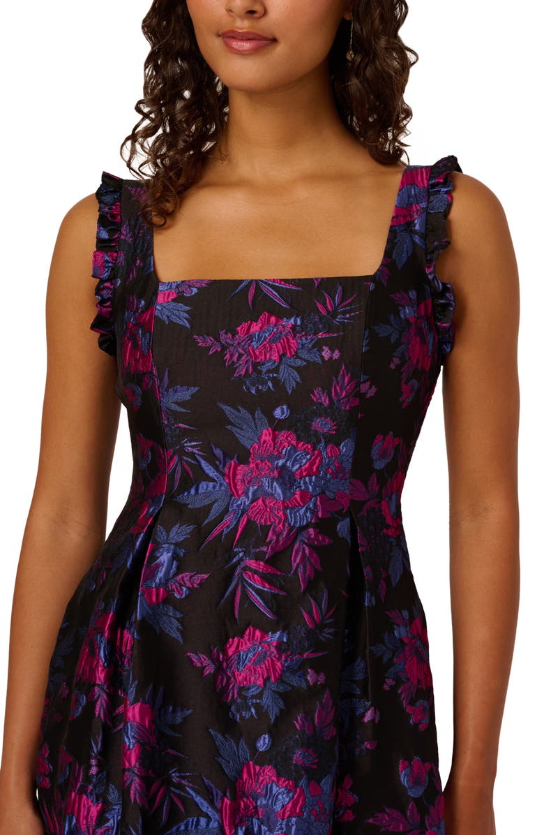 Adrianna Papell Floral Ruffle Jacquard Cocktail Dress, Alternate, color, Black/ Pink Multi
