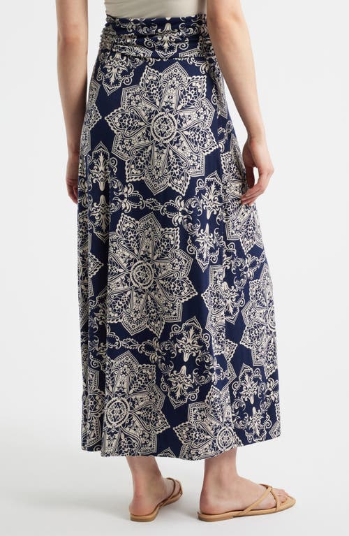 Loveappella Roll Top Print Maxi Skirt In Blue