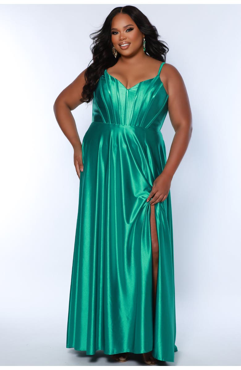 Sydney's Closet Satin Corset Bodice Plus Size A-Line Gown, Main, color, 