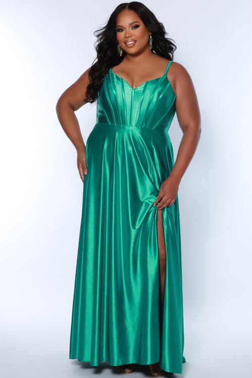 Sydney's Closet Satin Corset Bodice Plus Size A-line Gown In Kelly Green