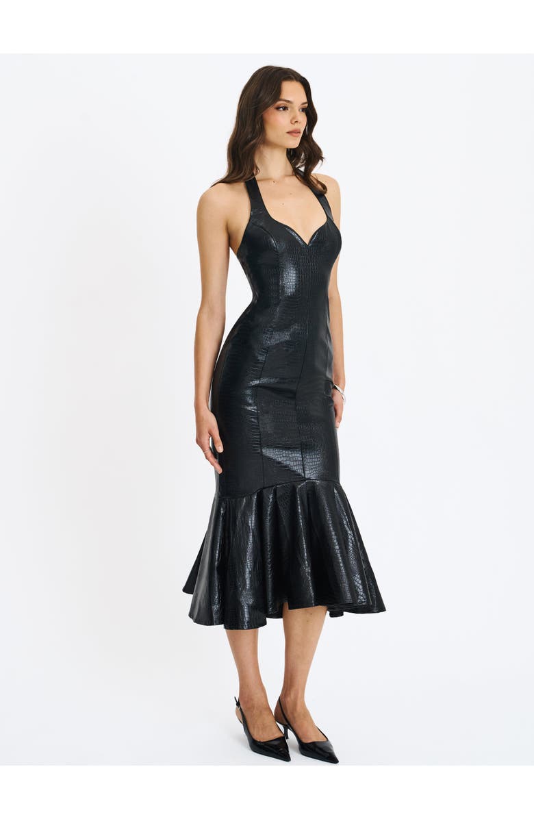 Miss Circle Gardenia Faux Leather Midi Sweetheart Halter Flared Dress, Alternate, color, Black