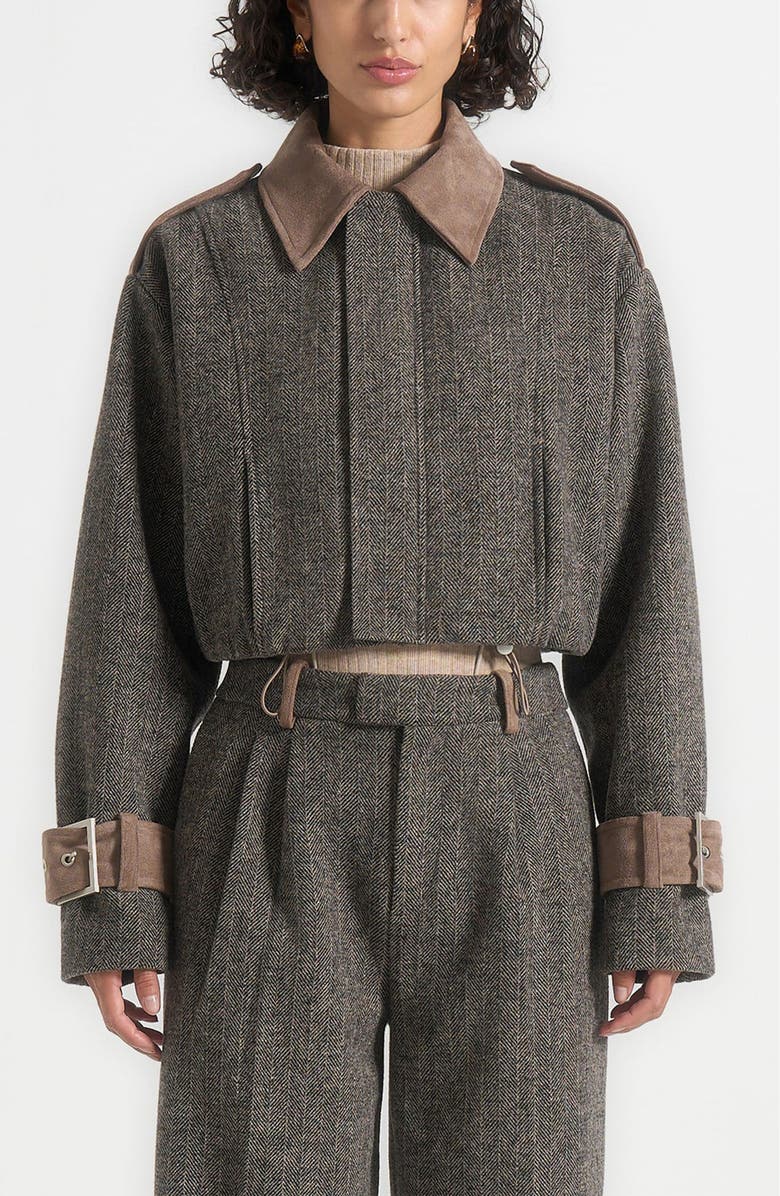 Manière De Voir Galia Herringbone and Suede Bungee Hem Jacket, Alternate, color, Grey