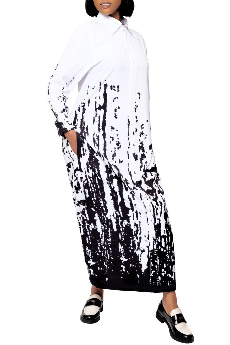 Bali Print Long Sleeve Maxi Shirtdress, Alternate, color, WHITE