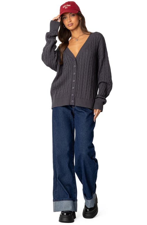 Shop Edikted Francine Oversize Cable Cotton Cardigan In Dark-gray
