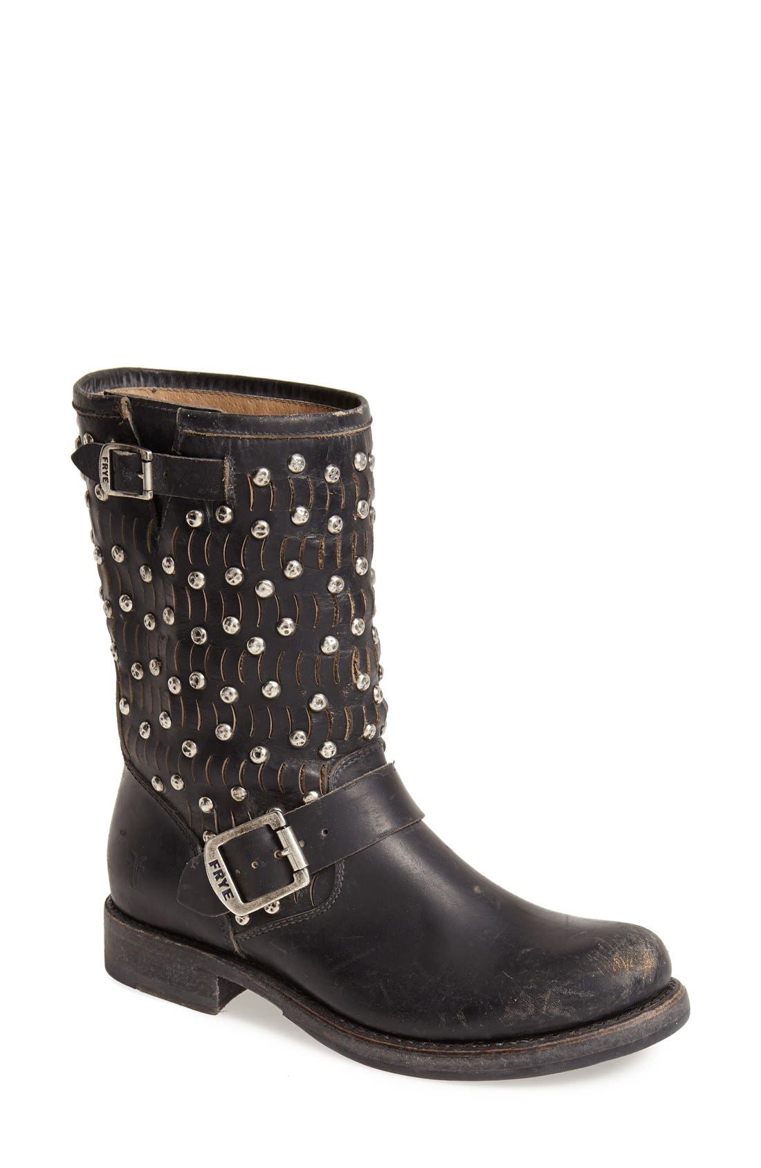 'Jenna Cut Stud' Short Moto Boot, Main, color, BLACK DISTRESSED LEATHER