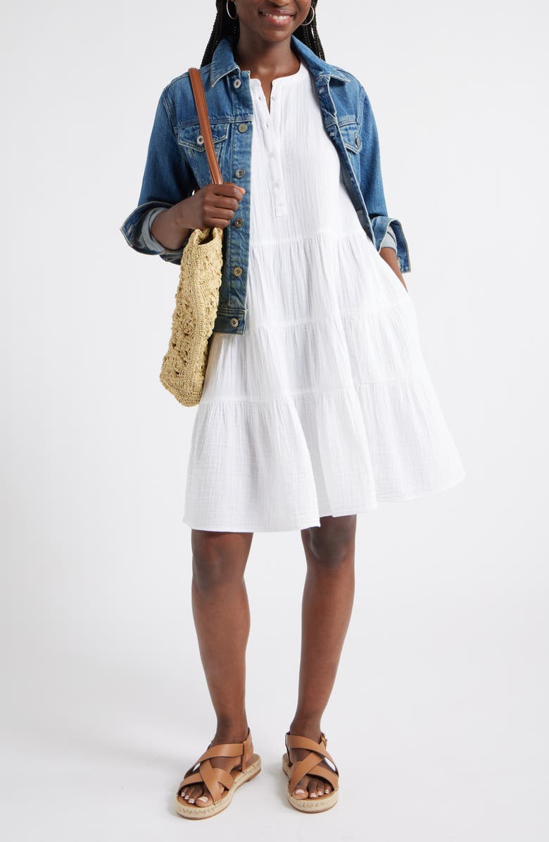 Caslon<sup>®</sup> Cotton Gauze Tiered Popover Dress, Alternate, color, White