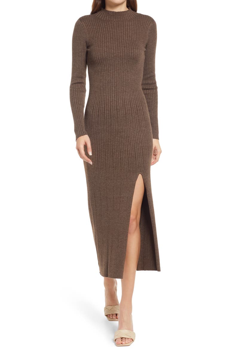 Long Sleeve Side Slit Sweater Dress, Main, color, BROWN