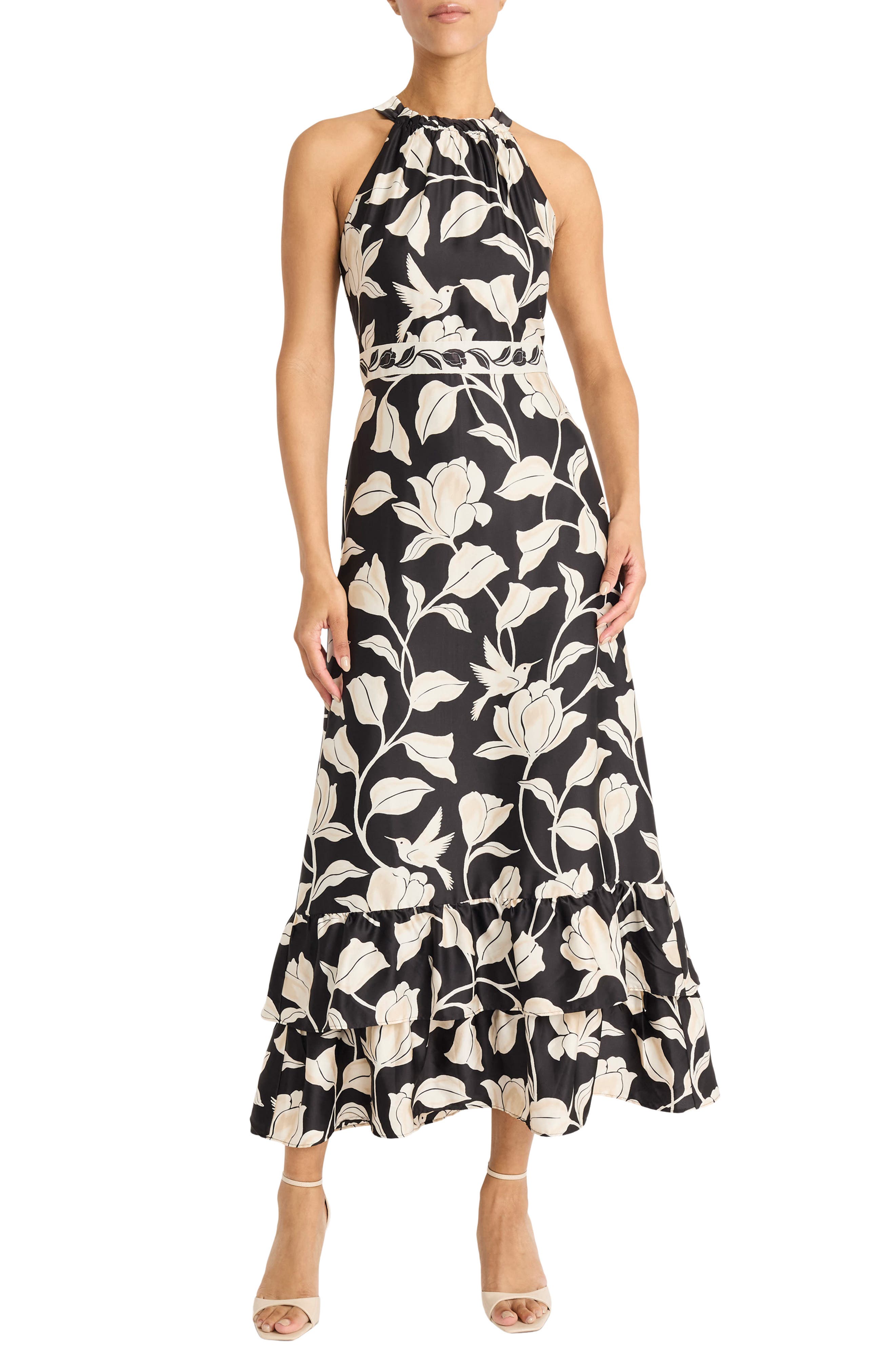 Maggy London High Neck Ruffle Maxi Dress