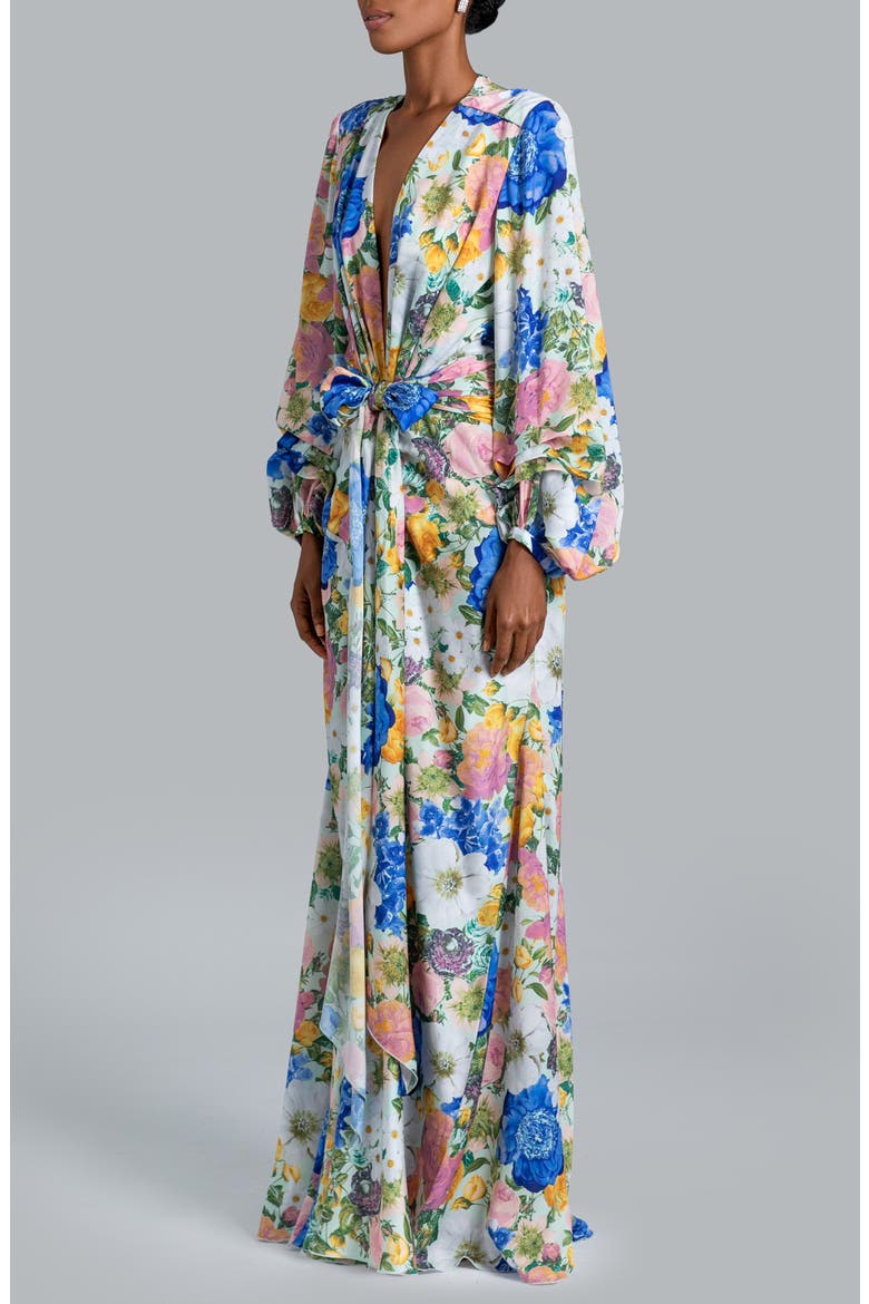 Millie Tie Belt Long Sleeve Satin Gown, Alternate, color, FLORAL