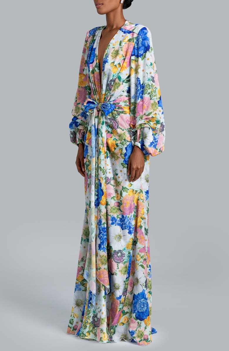 Ghrail Millie Tie Belt Long Sleeve Satin Gown, Alternate, color, Floral