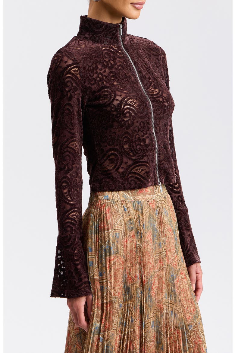 Chenille Lace Zip Front Top, Alternate, color, BROWN