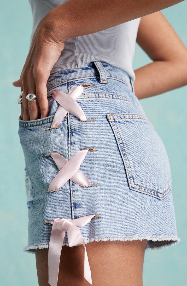 Miss Selfridge Ripped Lace-Up Bow Cutoff Denim Shorts, Alternate, color, 