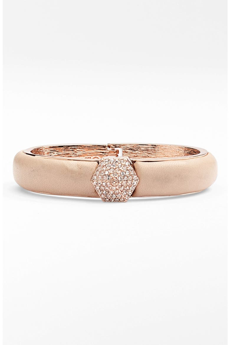 Pavé Stud Leather Hinged Bangle, Main, color, PETAL/ ROSE GOLD