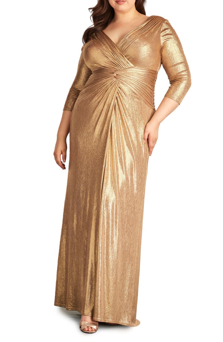 Tadashi Shoji Metallic Long Sleeve Gown, Alternate, color, Gold Dust