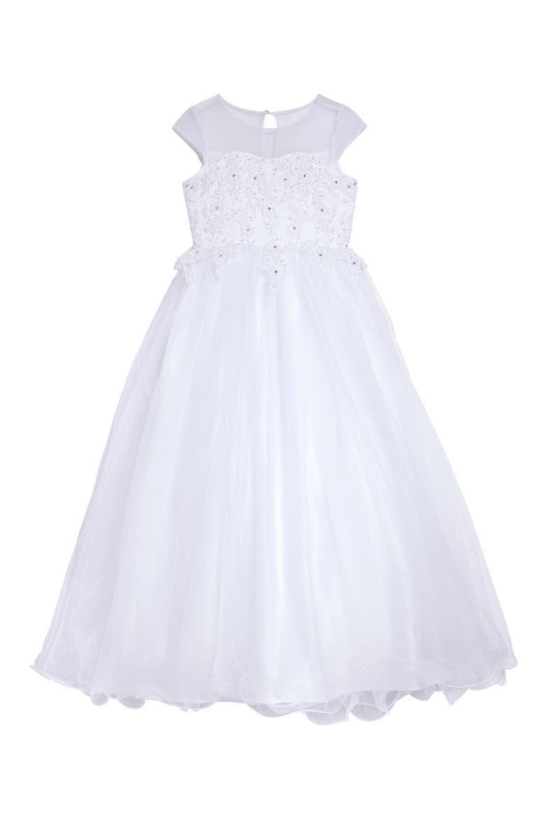 Beaded Cap Sleeve First Communion Dress, Main, color, WHITE