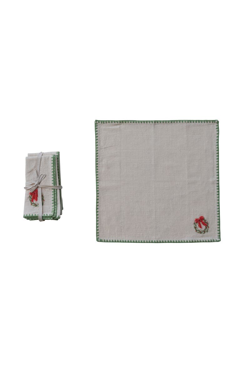 Storied Home 4-Piece Square Printed Napkins with Embroidered Wreath, Appliqued Bow and Blanket Stitch Edge, Multicolor, Main, color, 