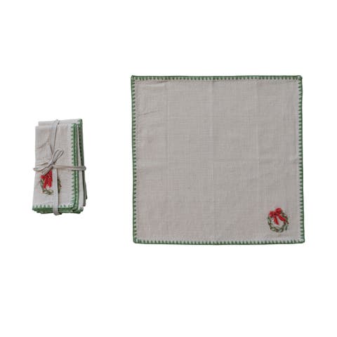 4-Piece Square Printed Napkins with Embroidered Wreath, Appliqued Bow and Blanket Stitch Edge, Multicolor
