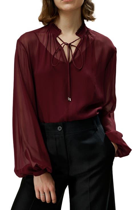 Tie Front Drawstring Georgette Blouse